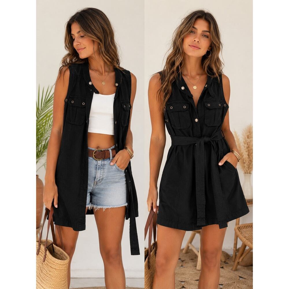 Free People Black Utility Vest Dress XS Tencel Sleeveless Safari Boho Festival